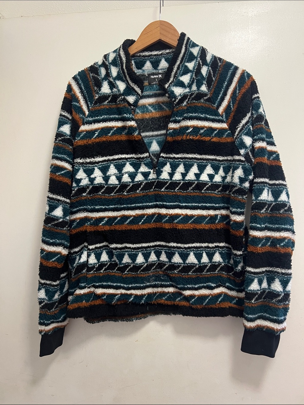 Hurley Teal Black Brown White Patterned Fleece Quarter‑Zip Pullover